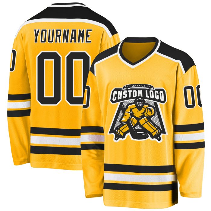 Custom Black and White Gold Hockey Jersey - Personalized Sports Apparel for Fans Custom Gold Black-White Hockey Jersey - Image 1