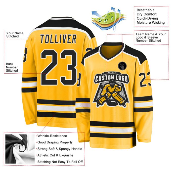 Custom Black and White Gold Hockey Jersey - Personalized Sports Apparel for Fans Custom Gold Black-White Hockey Jersey - Image 3