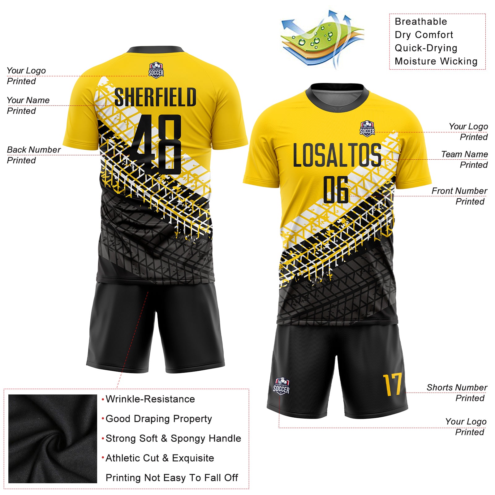 Custom Gold Black-White Sublimation Soccer Uniform Jersey Style 4591 Custom Soccer Uniform Jersey Gold Black White Sublimation Style 4591 Custom Gold Black-White Sublimation Soccer Uniform Jersey - Image 3