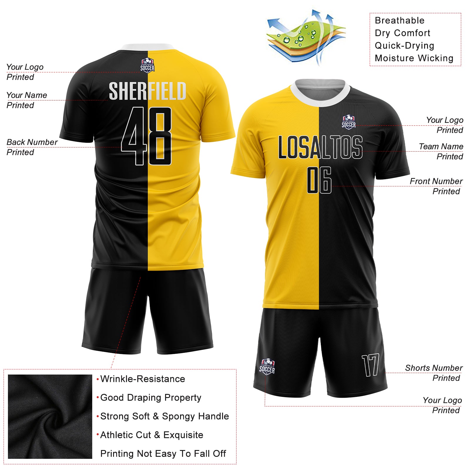 Custom Gold Black-White Sublimation Split Fashion Soccer Uniform Jersey Custom Gold Black White Soccer Jersey - Sublimation Split Fashion Uniform Custom Gold Black-White Sublimation Split Fashion - Image 3