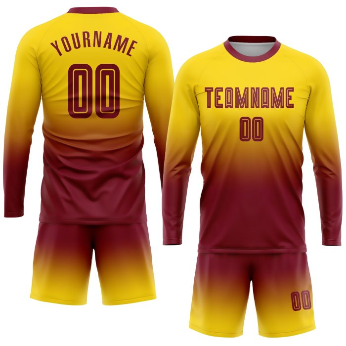 Custom Gold Crimson Fade Soccer Jersey Long Sleeve Fashion Sublimation Uniform Custom Gold Crimson Sublimation Long Sleeve - Image 2