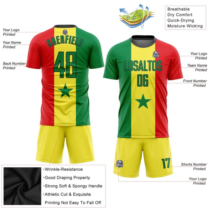 Senegalese Flag Soccer Jersey Custom Gold Kelly Green Red-Black Sublimation Uniform Custom Gold Kelly Green Red-Black Sublimation - Image 3