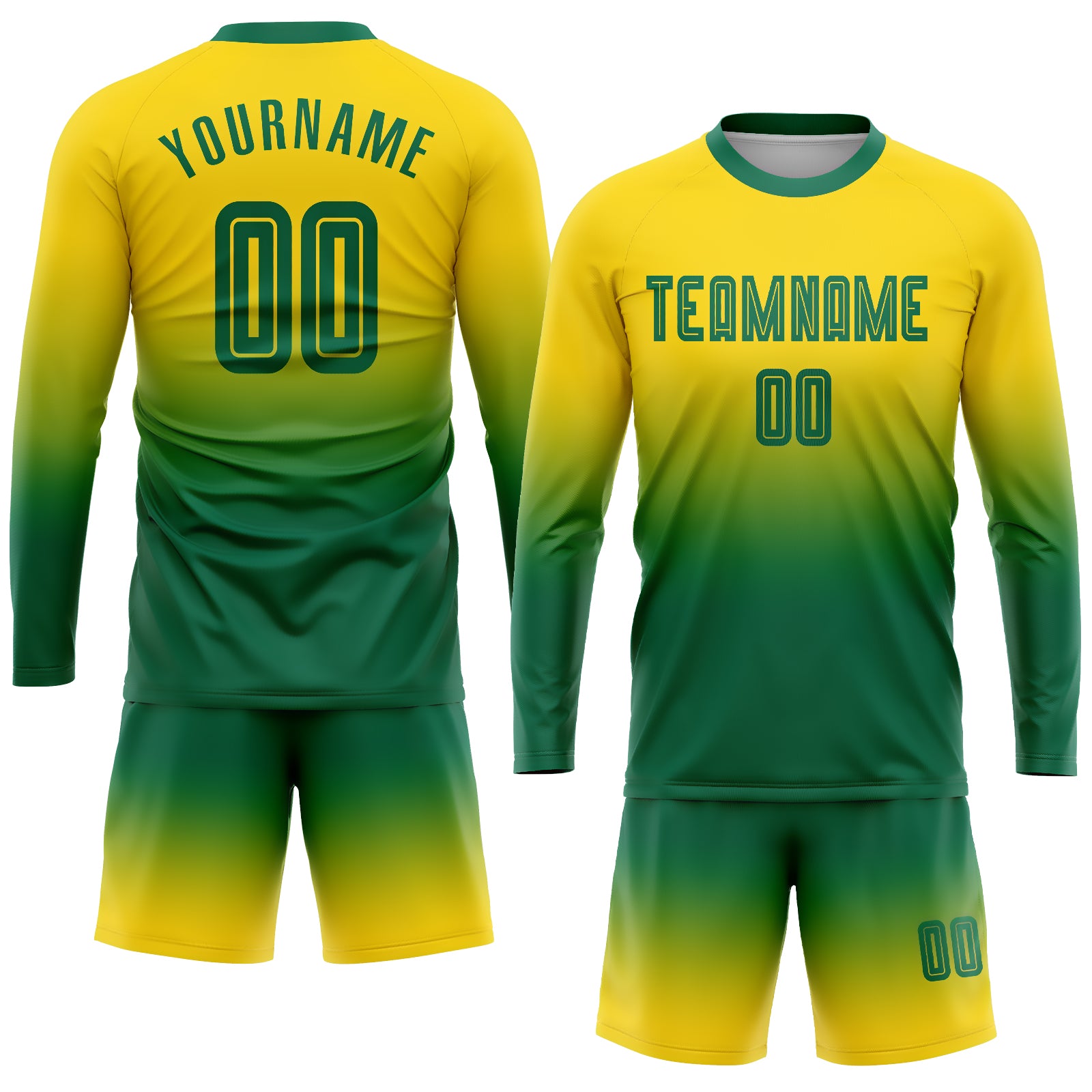 Custom Gold Kelly Green Sublimation Long Sleeve Fade Fashion Soccer Uniform Jersey Custom Gold Kelly Green Soccer Jersey Long Sleeve Fade Fashion Uniform Custom Gold Kelly Green Sublimation Long Sleeve Fade - Image 2