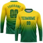 Custom Gold Kelly Green Soccer Jersey Long Sleeve Fade Fashion Uniform Custom Gold Kelly Green Sublimation Long Sleeve Fade