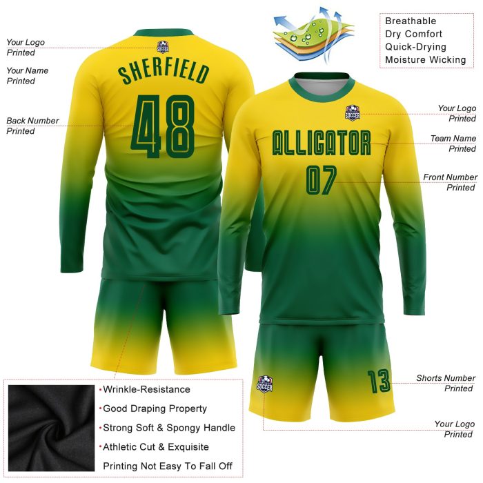 Custom Gold Kelly Green Soccer Jersey Long Sleeve Fade Fashion Uniform Custom Gold Kelly Green Sublimation Long Sleeve Fade - Image 3