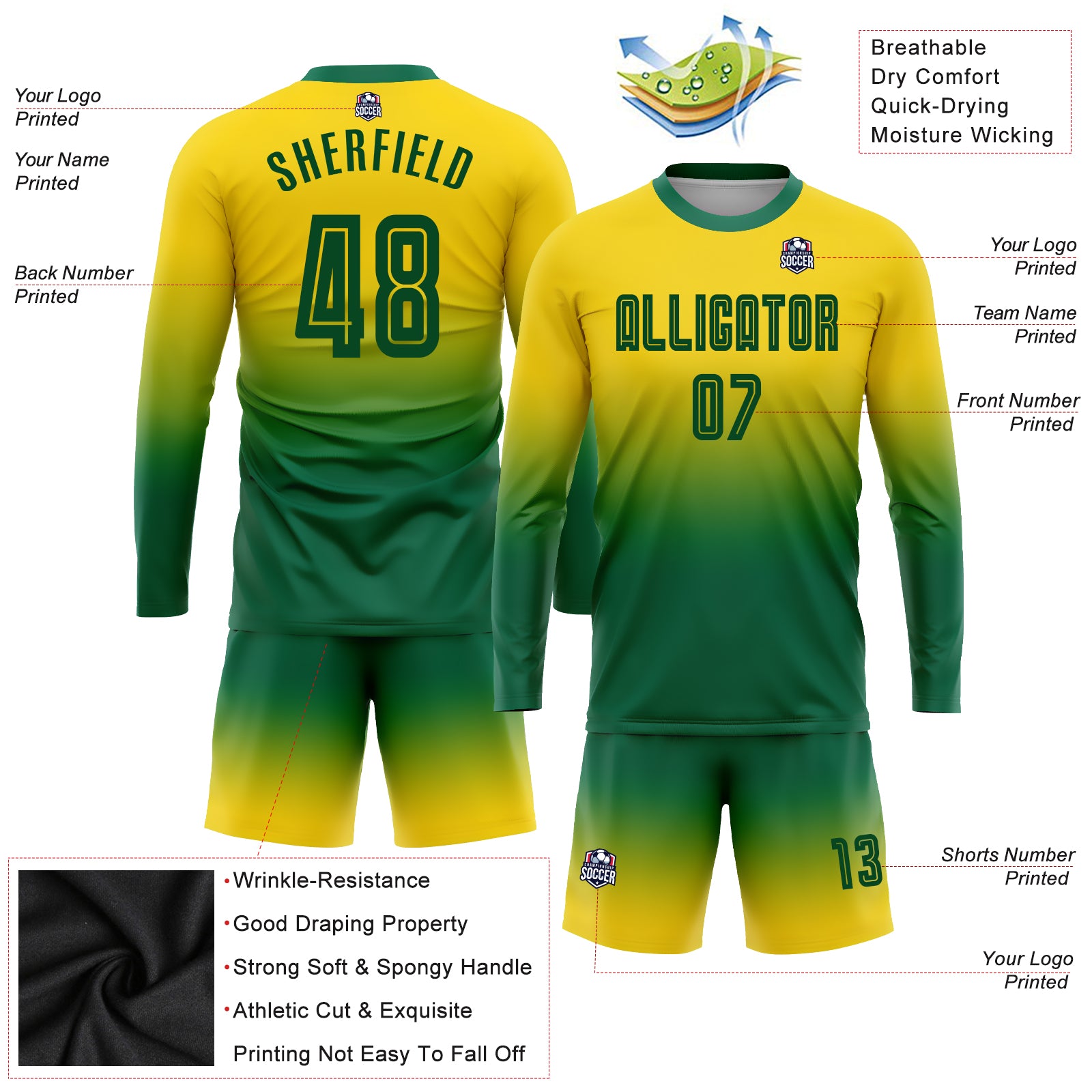 Custom Gold Kelly Green Sublimation Long Sleeve Fade Fashion Soccer Uniform Jersey Custom Gold Kelly Green Soccer Jersey Long Sleeve Fade Fashion Uniform Custom Gold Kelly Green Sublimation Long Sleeve Fade - Image 3