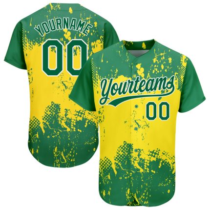 Custom Gold 3D Pattern Baseball Jersey in Kelly Green and White - Authentic Design Custom Gold Kelly Green-White 3D Pattern