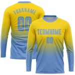 Custom Gold Light Blue Soccer Uniform Jersey - Long Sleeve Fade Fashion Design Custom Gold Light Blue Sublimation Long Sleeve