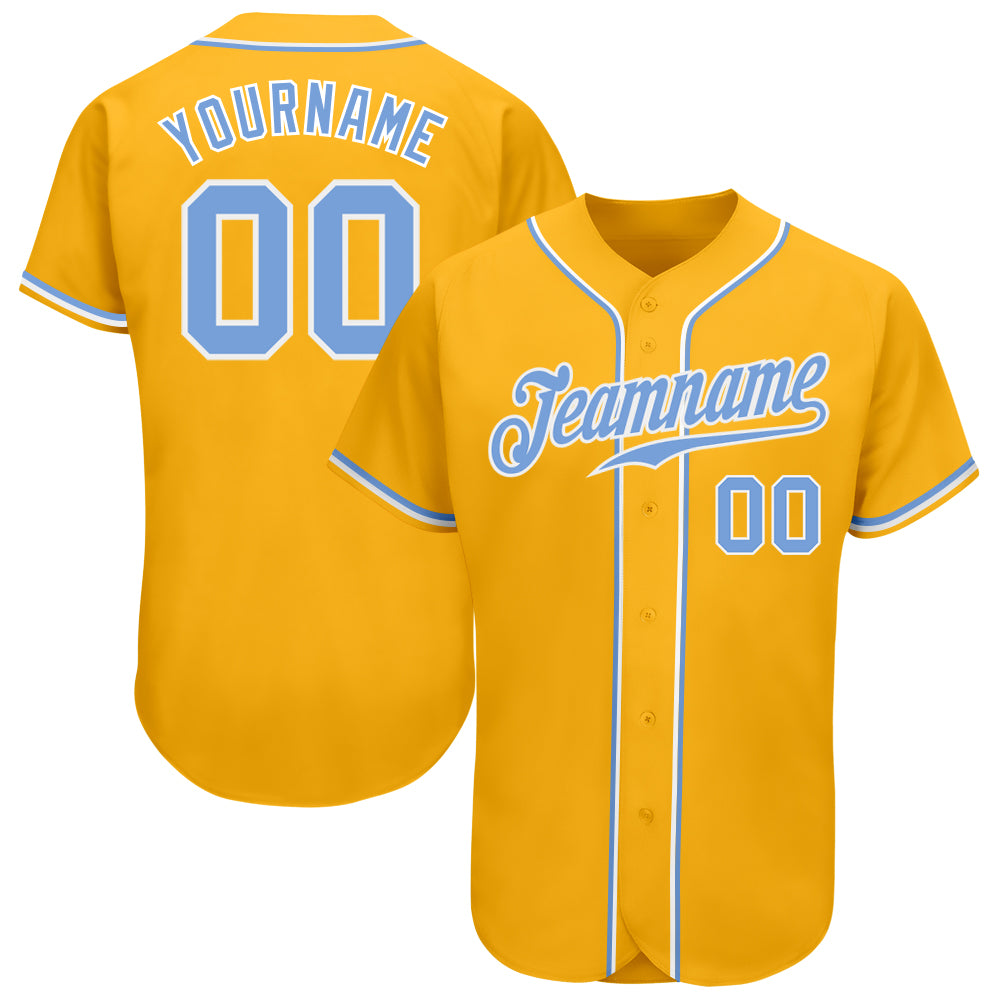 Custom Gold Light Blue White Baseball Jersey - Authentic Team Apparel Custom Gold Light Blue-White Authentic Baseball Jersey