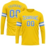 Custom Gold Light Blue White Long Sleeve T-Shirt - Performance Athletic Tee Custom Gold Light Blue-White Long Sleeve Performance