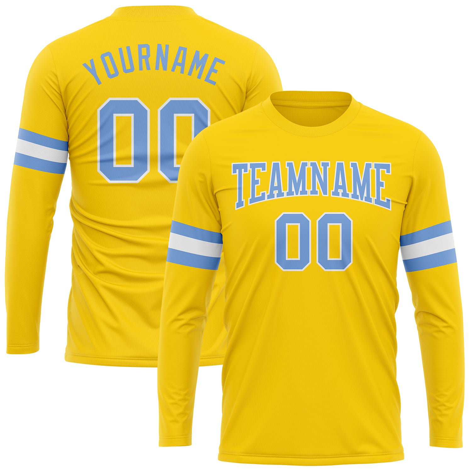 Custom Gold Light Blue White Long Sleeve T-Shirt - Performance Athletic Tee Custom Gold Light Blue-White Long Sleeve Performance