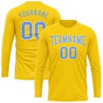 Custom Gold Light Blue White Long Sleeve T-Shirt - Performance Athletic Tee Custom Gold Light Blue-White Long Sleeve Performance - Image 2