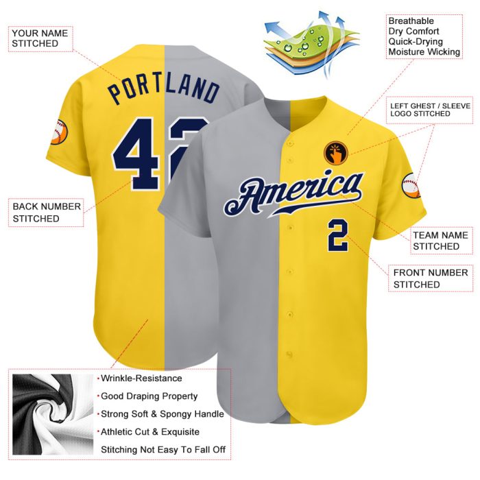 Gold Navy Gray-White Custom Authentic Baseball Jersey, Fashion Style 8621 Custom Gold Navy Gray-White Authentic Split Fashion - Image 3