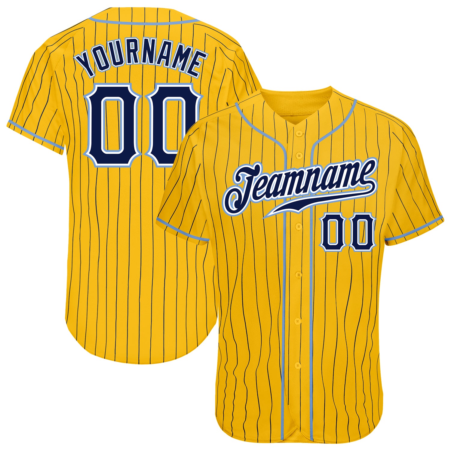 Gold Navy Pinstripe Light Blue Authentic Custom Baseball Jersey Custom Gold Navy Pinstripe Navy-Light Blue Authentic Baseball