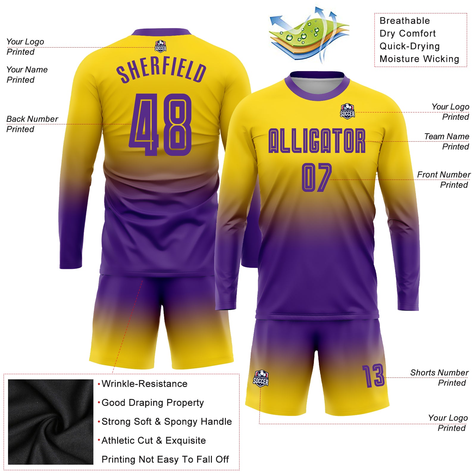 Custom Gold Purple Sublimation Long Sleeve Fade Fashion Soccer Uniform Jersey Custom Gold Purple Soccer Uniform Jersey, Long Sleeve Fade Fashion Shirt Custom Gold Purple Sublimation Long Sleeve Fade - Image 3