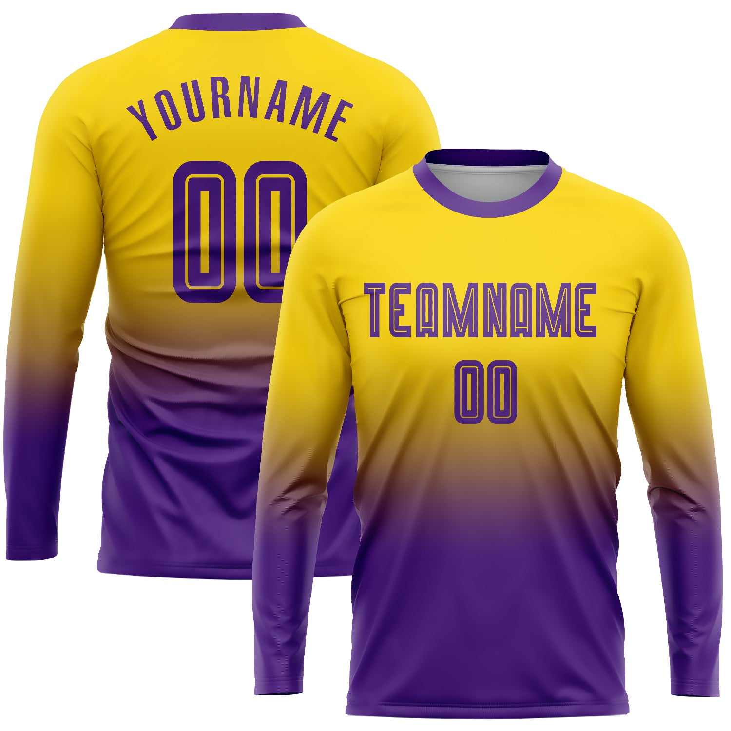Custom Gold Purple Sublimation Long Sleeve Fade Fashion Soccer Uniform Jersey Custom Gold Purple Soccer Uniform Jersey, Long Sleeve Fade Fashion Shirt Custom Gold Purple Sublimation Long Sleeve Fade - Image 1