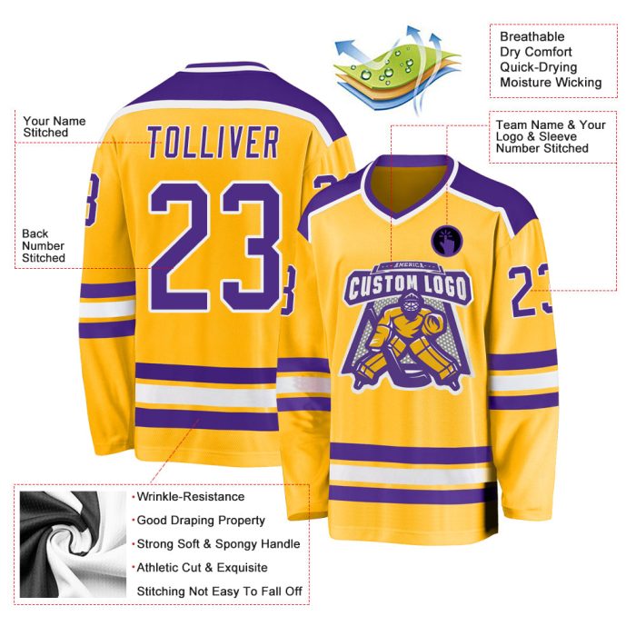Custom Purple White Gold Hockey Jersey - Personalized Team Jersey for Fans Custom Gold Purple-White Hockey Jersey - Image 3