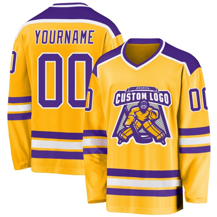Custom Purple White Gold Hockey Jersey - Personalized Team Jersey for Fans Custom Gold Purple-White Hockey Jersey - Image 1