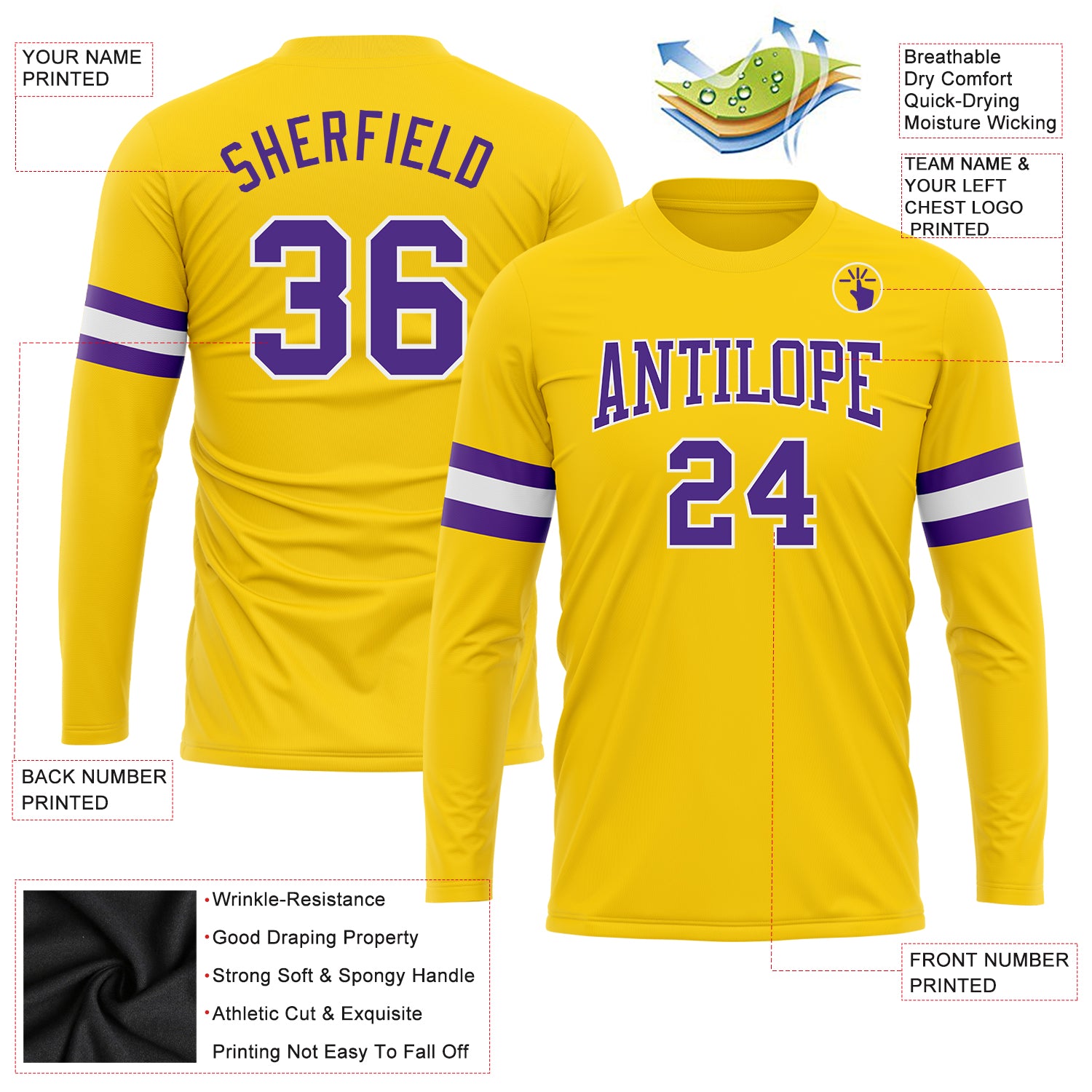 Custom Gold Purple-White Long Sleeve Performance T-Shirt Gold Purple White Long Sleeve Performance T-Shirt - Custom Personalization Available Custom Gold Purple-White Long Sleeve - Image 3