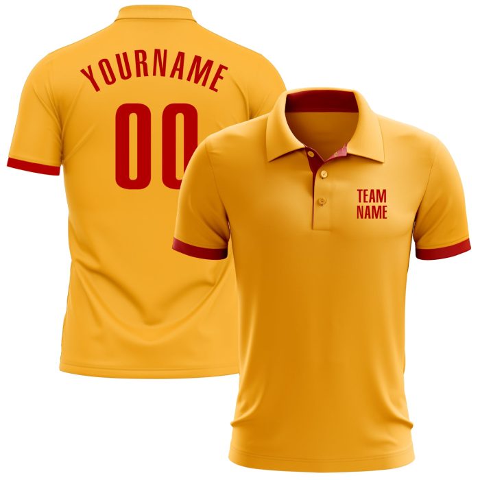Custom Gold Red Performance Golf Shirt for Men - Stylish Polo Custom Gold Red Performance Golf Polo Shirt - Image 1