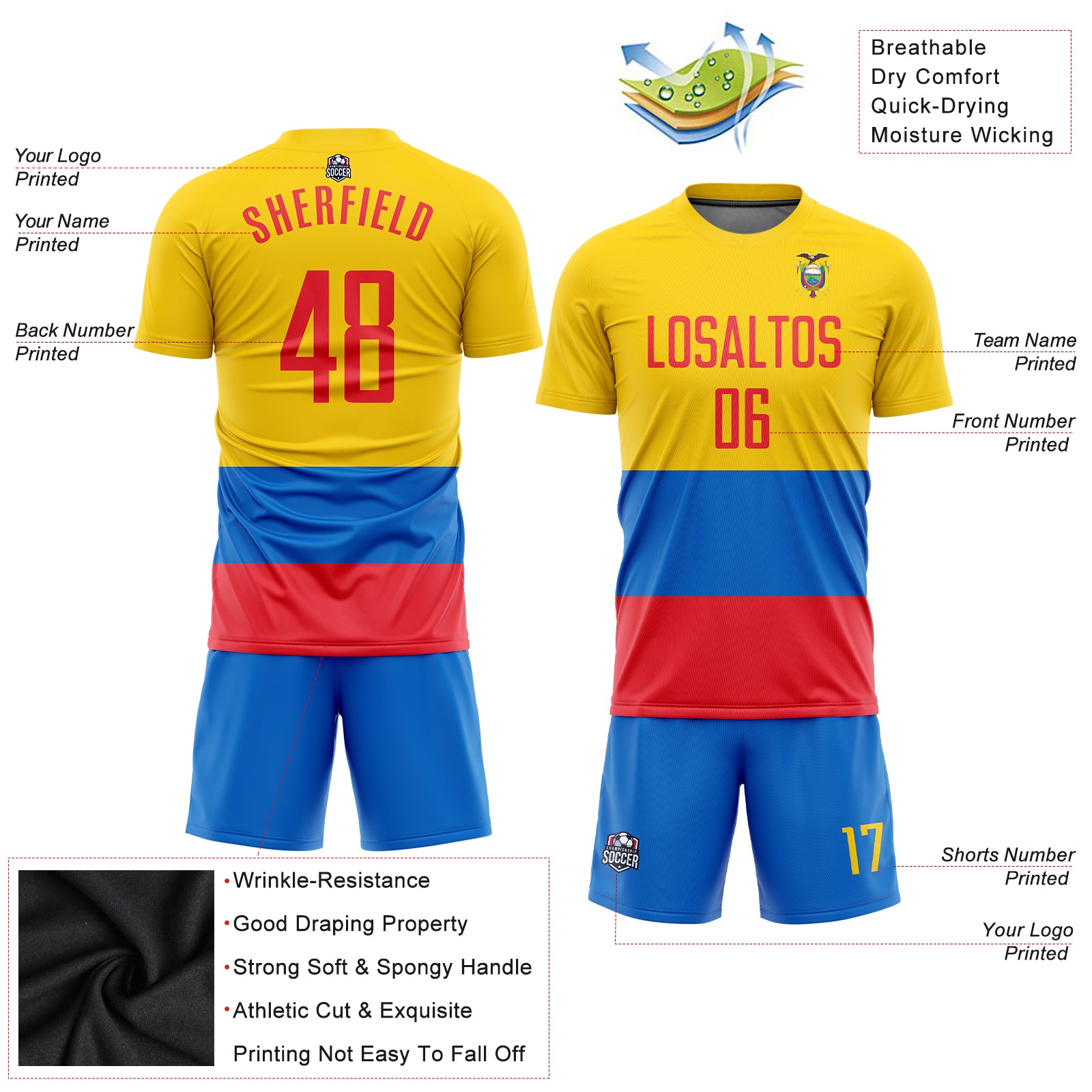 Custom Gold Red-Royal Sublimation Ecuador Flag Soccer Uniform Jersey Ecuador Flag Soccer Jersey Custom Gold Red-Royal Sublimation Uniform Custom Gold Red-Royal Sublimation Ecuador Flag Soccer - Image 3
