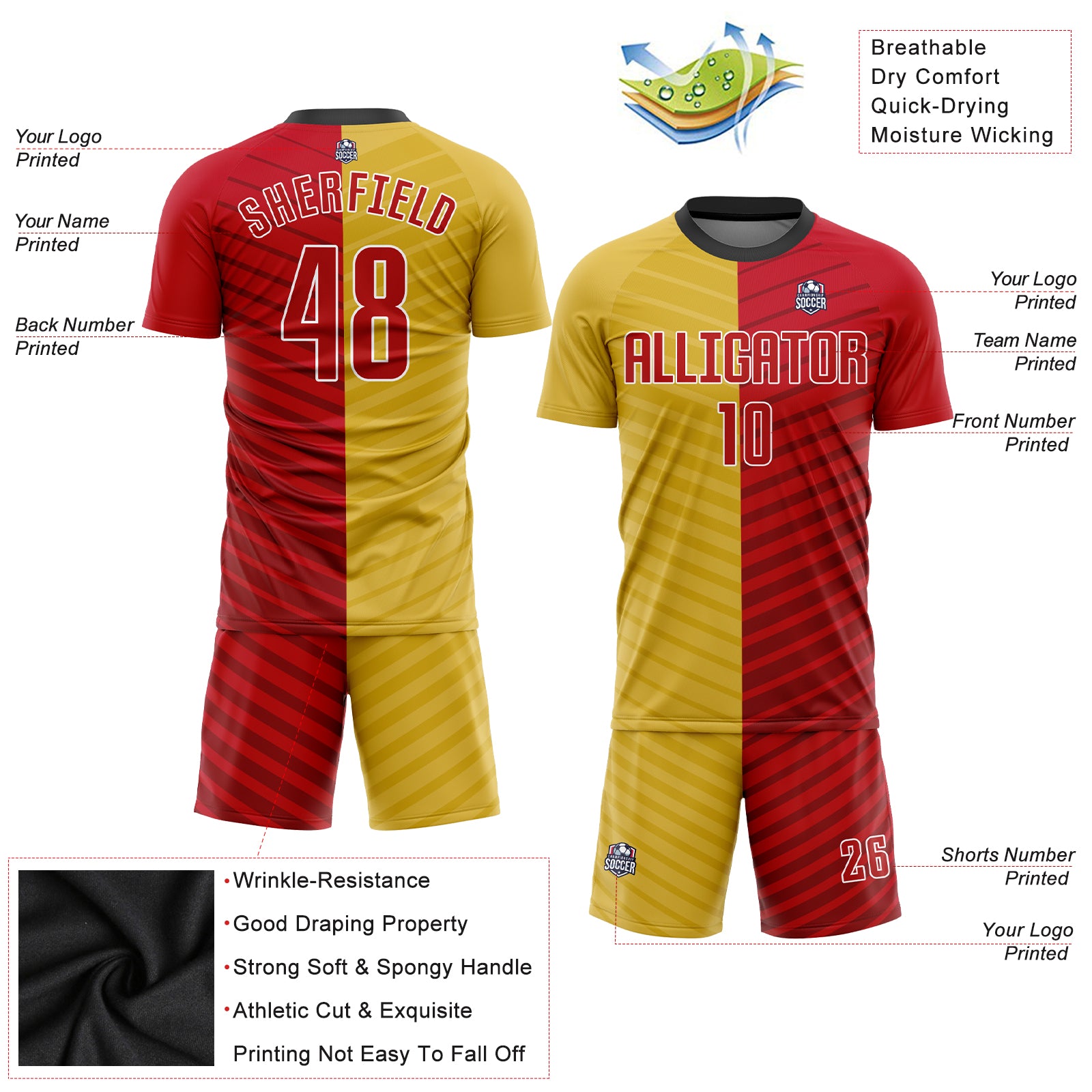 Custom Gold Red-White Sublimation Soccer Uniform Jersey Custom Gold Red White Soccer Uniform Jersey - Sublimation Sports Apparel Custom Gold Red-White Sublimation Soccer Uniform - Image 3