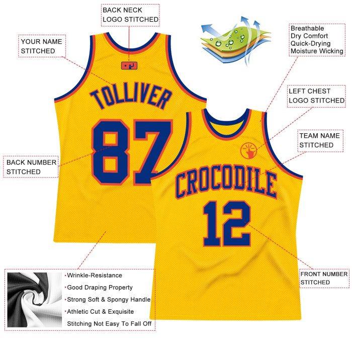 Custom Gold Basketball Jersey - Authentic Royal-Orange Throwback Design Custom Gold Royal-Orange Authentic Throwback Basketball - Image 2
