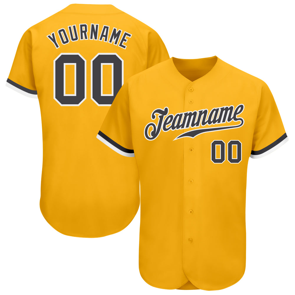 Custom Gold Baseball Jersey - Authentic Style 8537 in Gray and White Custom Gold Steel Gray-White Authentic Baseball Jersey