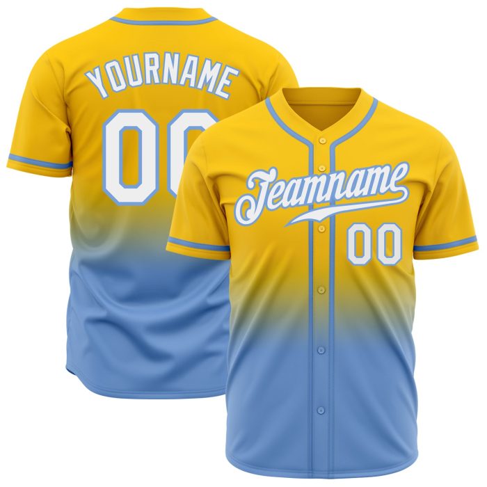 Custom Gold White Light Blue Fade Baseball Jersey - Authentic Fashion Design Custom Gold White-Light Blue Authentic Fade - Image 1