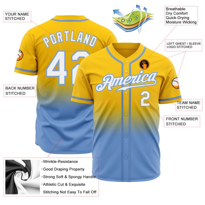 Custom Gold White Light Blue Fade Baseball Jersey - Authentic Fashion Design Custom Gold White-Light Blue Authentic Fade - Image 2