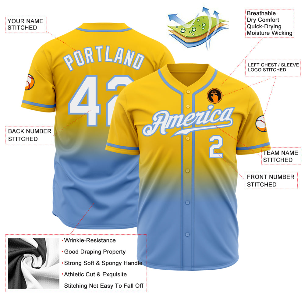Custom Gold White-Light Blue Authentic Fade Fashion Baseball Jersey Custom Gold White Light Blue Fade Baseball Jersey - Authentic Fashion Design Custom Gold White-Light Blue Authentic Fade - Image 2