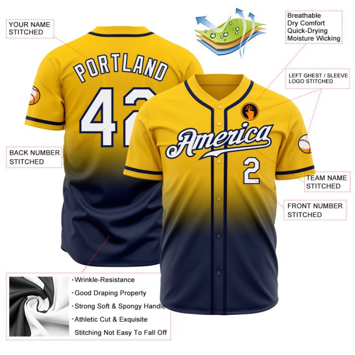 Custom Gold White Navy Fade Baseball Jersey - Authentic Fashion Sports Apparel Custom Gold White-Navy Authentic Fade Fashion - Image 2
