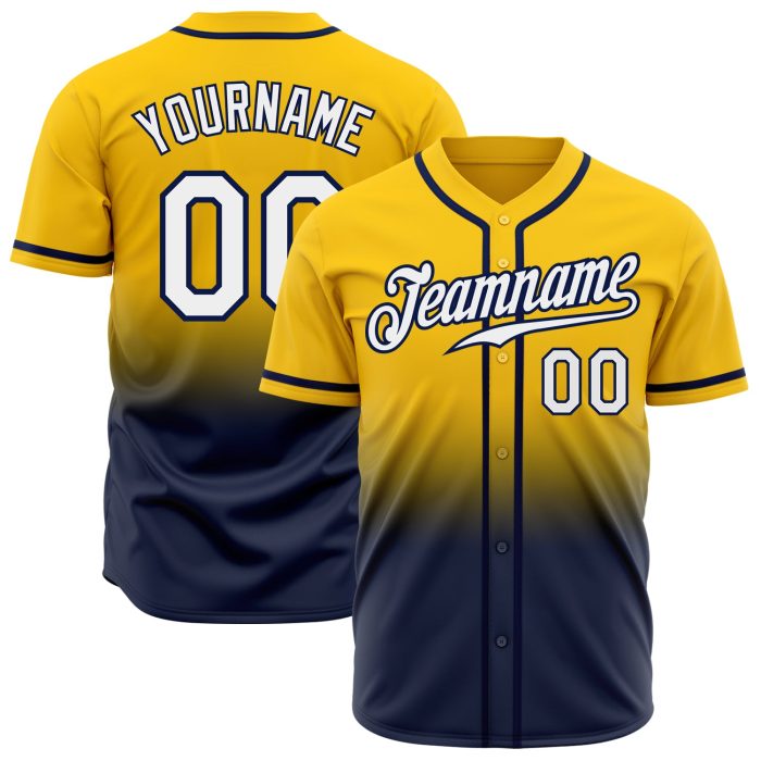 Custom Gold White Navy Fade Baseball Jersey - Authentic Fashion Sports Apparel Custom Gold White-Navy Authentic Fade Fashion - Image 1