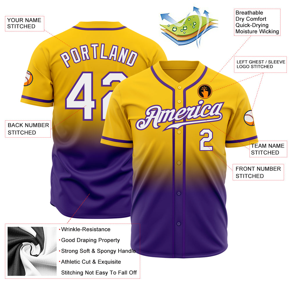 Custom Gold White-Purple Authentic Fade Fashion Baseball Jersey Custom Gold White Purple Authentic Baseball Jersey - Fade Fashion Design Custom Gold White-Purple Authentic Fade Fashion - Image 2