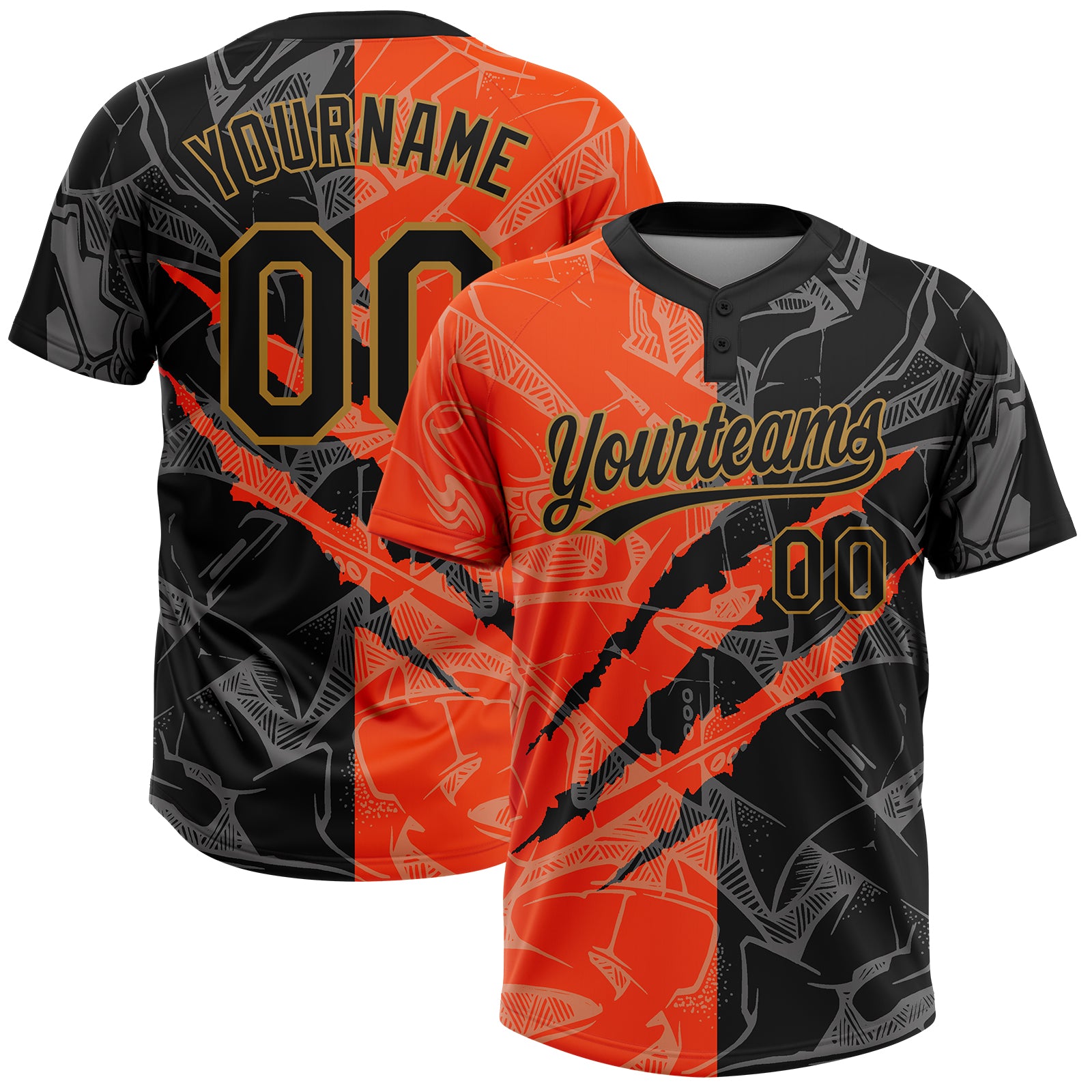 Custom Graffiti Pattern 3D Black and Old Gold Unisex Softball Jersey - Stylish Two-Button Design Custom Graffiti Pattern