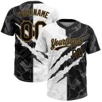 Custom Graffiti Pattern Black and Old Gold 3D Two-Button Unisex Softball Jersey 6269 Custom Graffiti Pattern Black-Old Gold