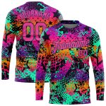 Bright Neon Pink Purple Custom Graffiti 3D Long Sleeve Performance T-Shirt Custom Graffiti Pattern Pink-Purple Bright Neon