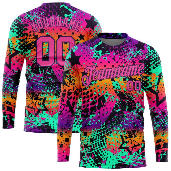 Bright Neon Pink Purple Custom Graffiti 3D Long Sleeve Performance T-Shirt Custom Graffiti Pattern Pink-Purple Bright Neon - Image 1