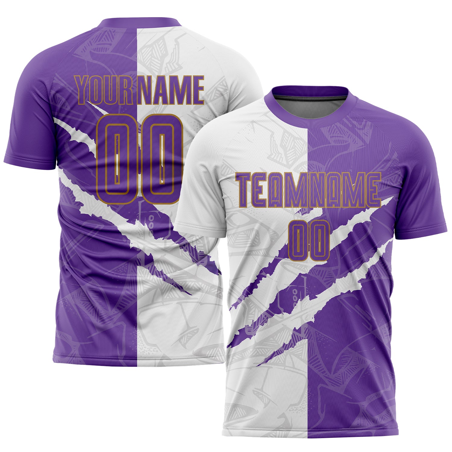 Custom Graffiti Pattern Purple White-Old Gold Sublimation Soccer Uniform Jersey Purple White Old Gold Custom Graffiti Pattern Sublimation Soccer Jersey Uniform Custom Graffiti Pattern Purple White-Old - Image 1