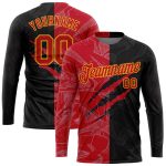 Custom Red-Gold Graffiti Pattern 3D Long Sleeve Performance T-Shirt Custom Graffiti Pattern Red-Gold Scratch 3D Long Sleeve