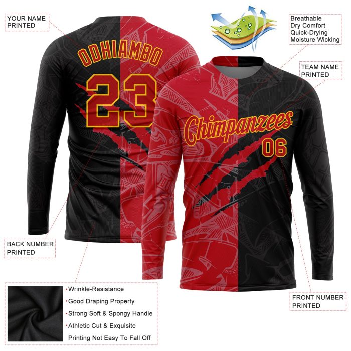 Custom Red-Gold Graffiti Pattern 3D Long Sleeve Performance T-Shirt Custom Graffiti Pattern Red-Gold Scratch 3D Long Sleeve - Image 2