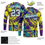 Custom Graffiti Pattern Long Sleeve Performance T-Shirt - White-Aqua Abstract Urban Style 3D Design Custom Graffiti Pattern - Image 2