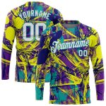 Custom Graffiti Pattern Long Sleeve Performance T-Shirt - White-Aqua Abstract Urban Style 3D Design Custom Graffiti Pattern