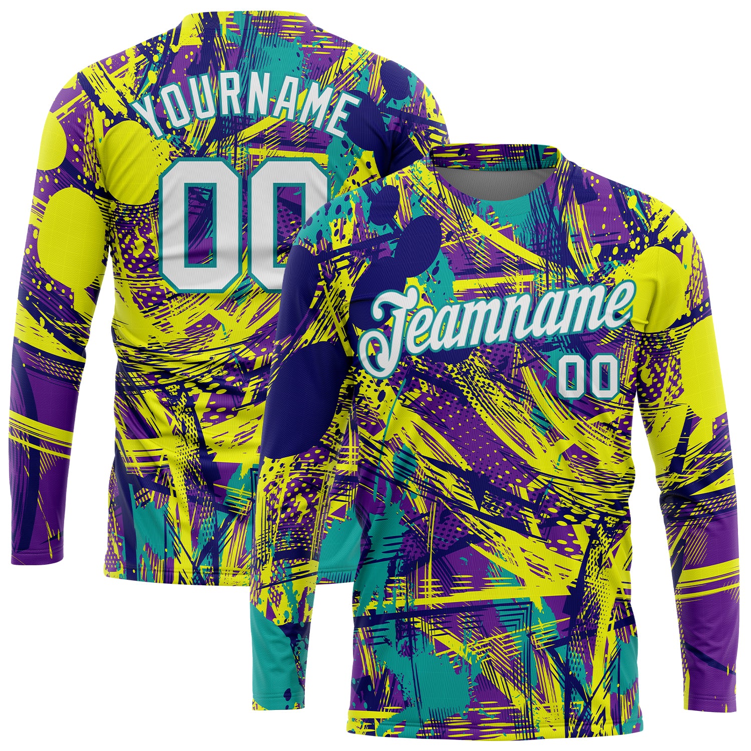 Custom Graffiti Pattern White-Aqua Abstract Urban 3D Long Sleeve Performance T-Shirt Custom Graffiti Pattern Long Sleeve Performance T-Shirt - White-Aqua Abstract Urban Style 3D Design Custom Graffiti Pattern - Image 1