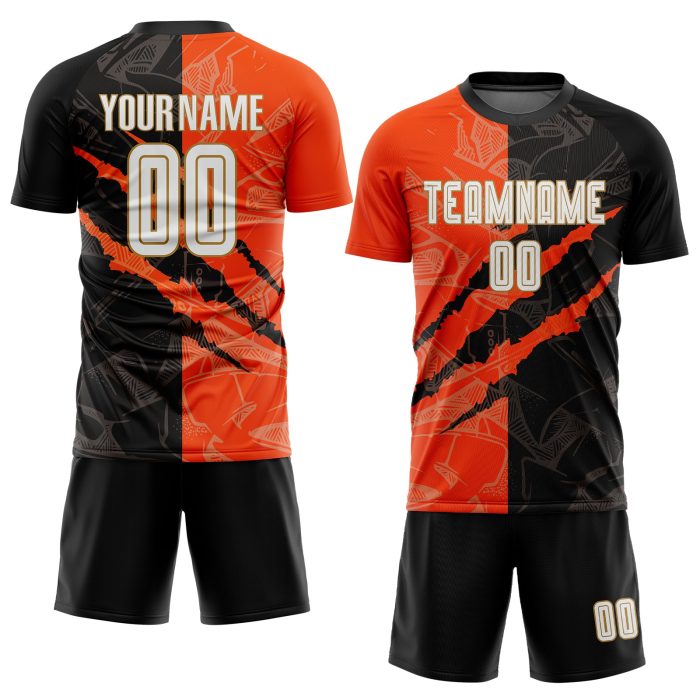 Custom Graffiti Pattern Soccer Jersey White Black Orange Old Gold Sublimation Uniform Custom Graffiti Pattern White Black - Image 2