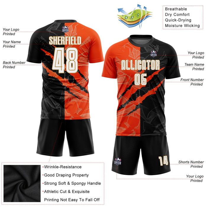 Custom Graffiti Pattern Soccer Jersey White Black Orange Old Gold Sublimation Uniform Custom Graffiti Pattern White Black - Image 3