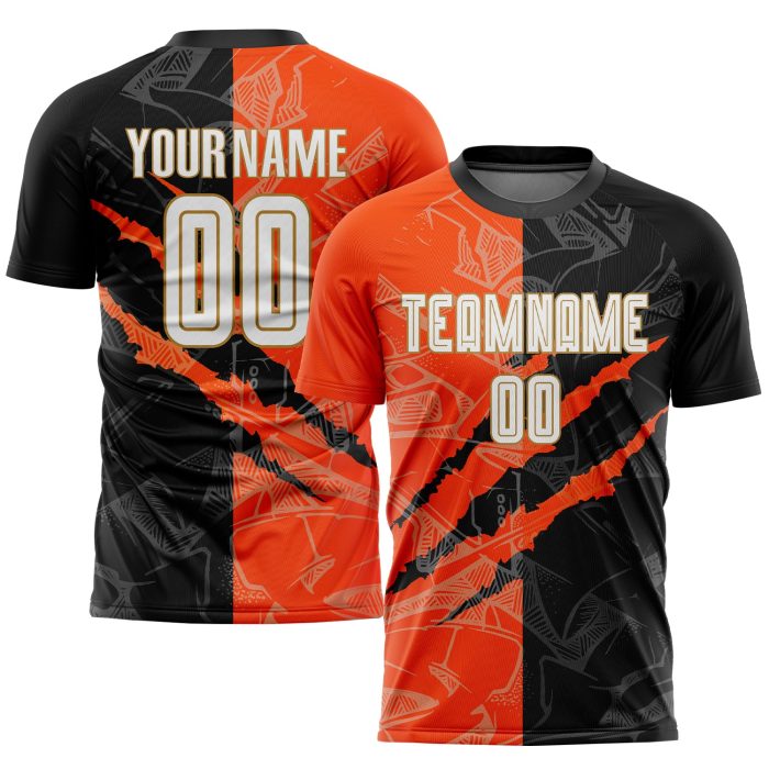 Custom Graffiti Pattern Soccer Jersey White Black Orange Old Gold Sublimation Uniform Custom Graffiti Pattern White Black - Image 1