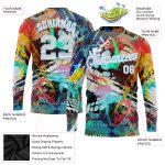 Custom Graffiti Pattern 3D Abstract Long Sleeve Performance T-Shirt in White and Light Blue Custom Graffiti Pattern White-Light - Image 2