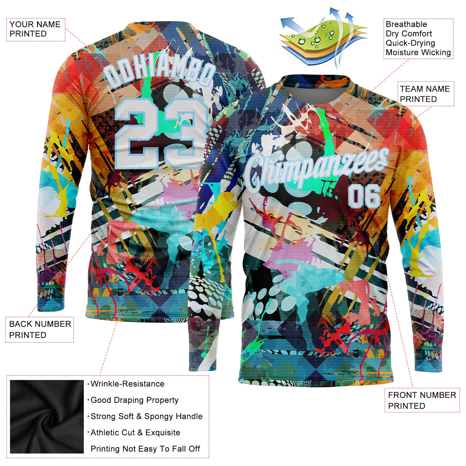 Custom Graffiti Pattern White-Light Blue Colored Abstract 3D Long Sleeve Performance T-Shirt Custom Graffiti Pattern 3D Abstract Long Sleeve Performance T-Shirt in White and Light Blue Custom Graffiti Pattern White-Light - Image 2