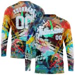 Custom Graffiti Pattern 3D Abstract Long Sleeve Performance T-Shirt in White and Light Blue Custom Graffiti Pattern White-Light